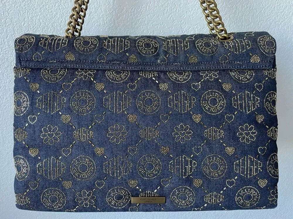 New Kurt Geiger XXL Battersea Denim Shoulder Bag Navy Embellished $318